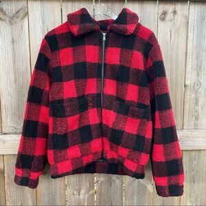 Elodie Buffalo Plaid Teddy Jacket Fuzzy Cozy Faux Shearling Red Black Sz XS  NWT